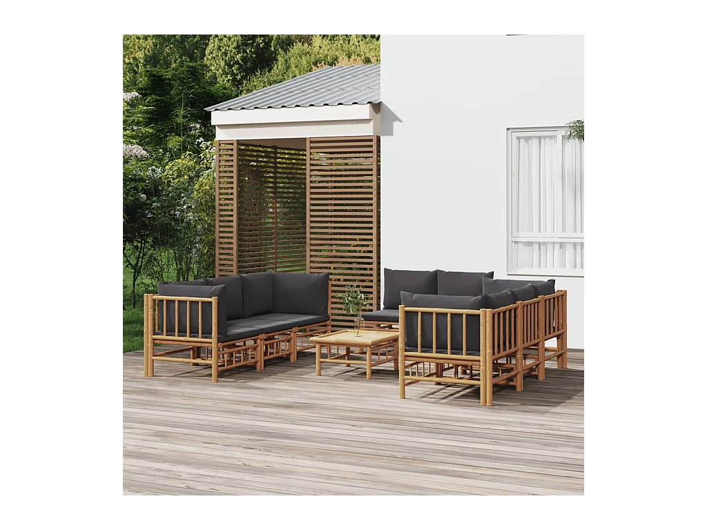 Salon de jardin 9 pièces avec coussins gris foncé bambou