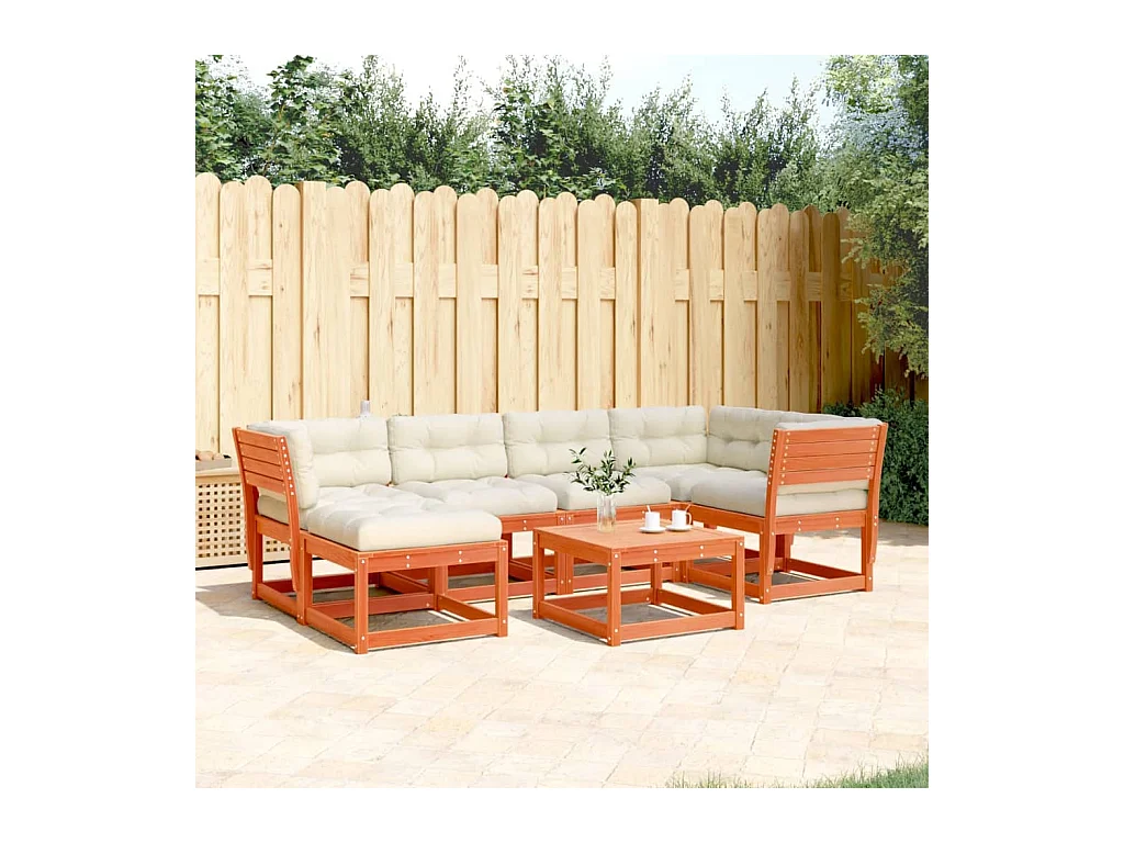 Salon de jardin 6 pièces avec coussins cire marron bois pin massif