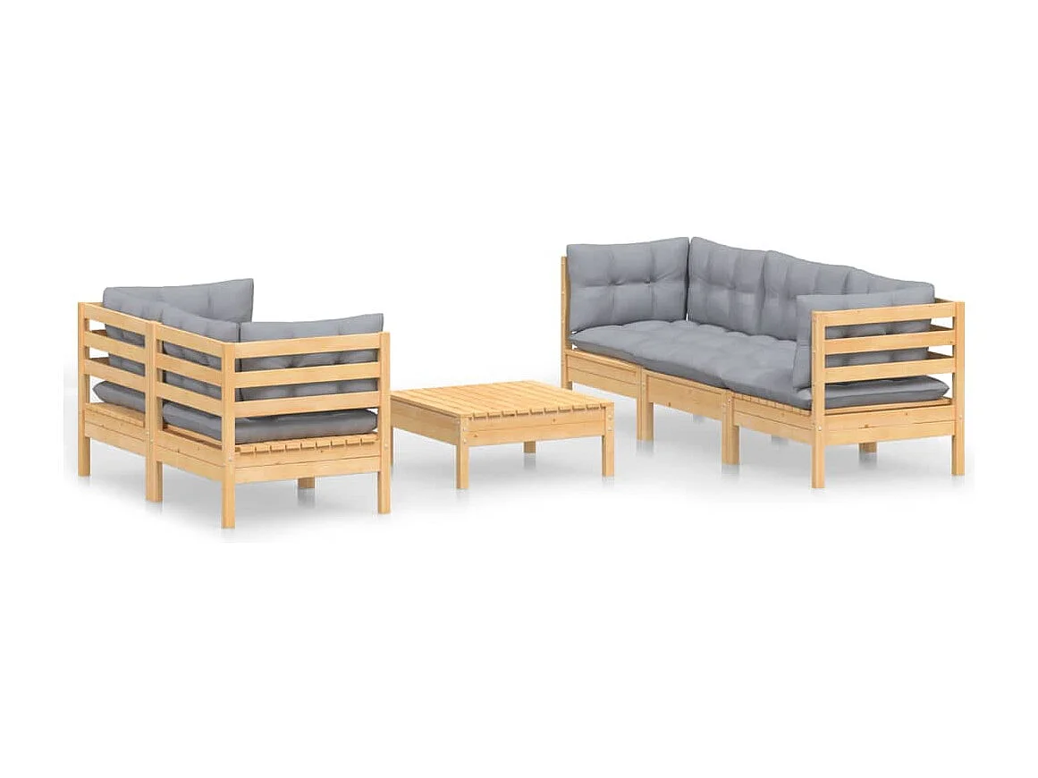 Juego de muebles de jardín 6 piezas y cojines madera pino gris