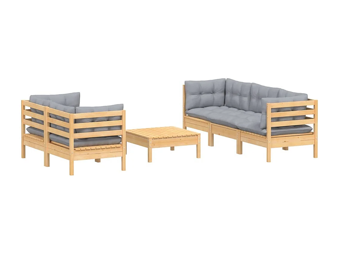 Juego de muebles de jardín 6 piezas y cojines madera pino gris