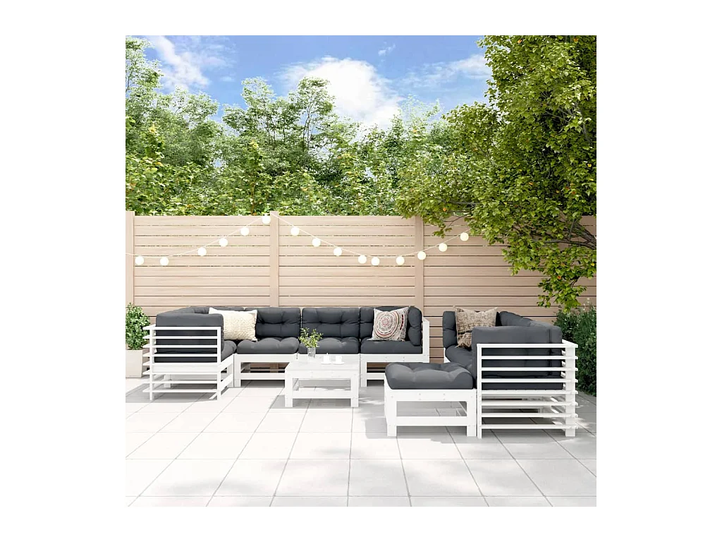 Salon de jardin 10 pièces avec coussins blanc bois massif