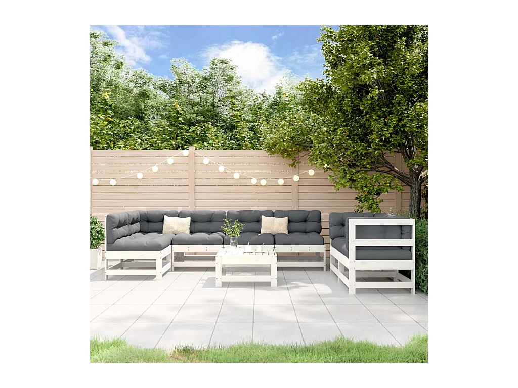Salon de jardin 8 pièces Blanc Bois de pin massif