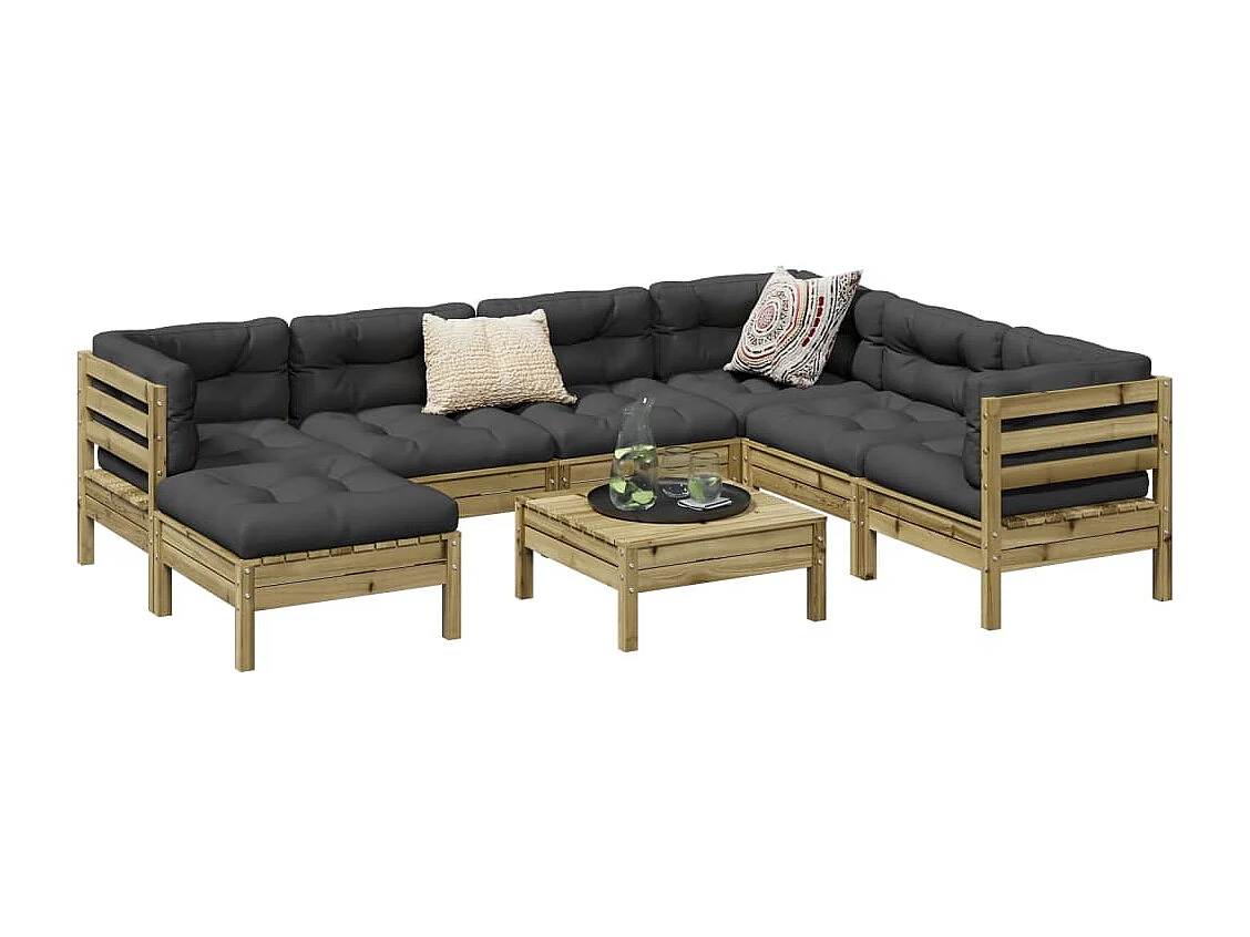 Salon de jardin 8 pièces avec coussins bois de pin imprégné