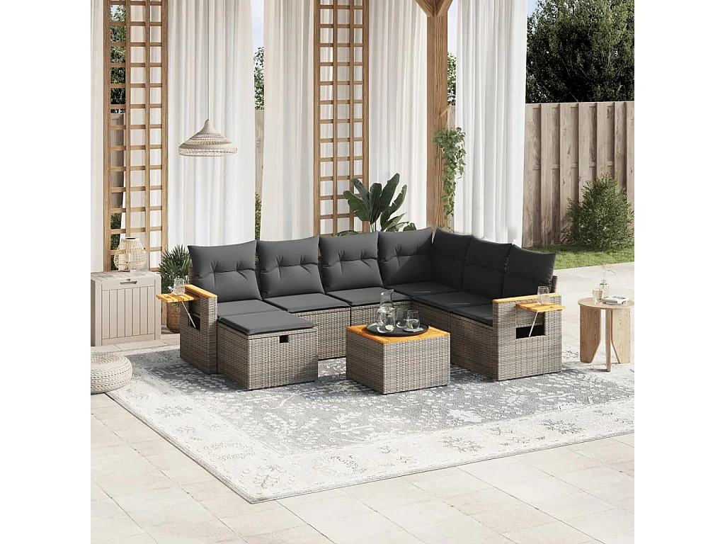 Salon de jardin 8 pièces avec coussins gris résine tressée