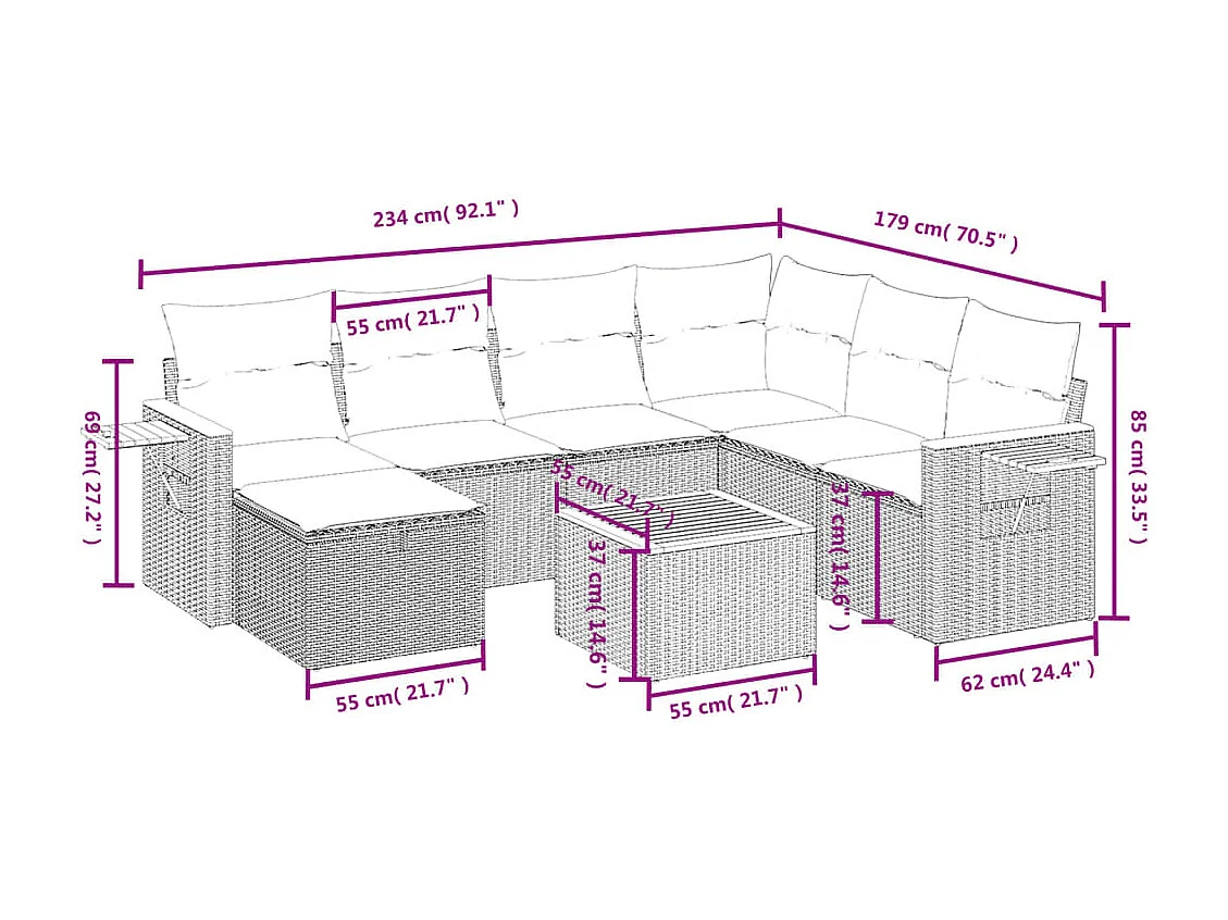 Salon de jardin 8 pièces avec coussins gris résine tressée