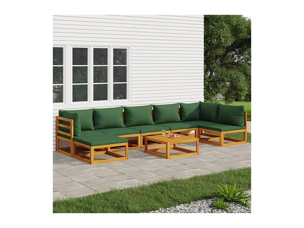 Set de muebles de jardín 8 piezas madera maciza con cojines verde