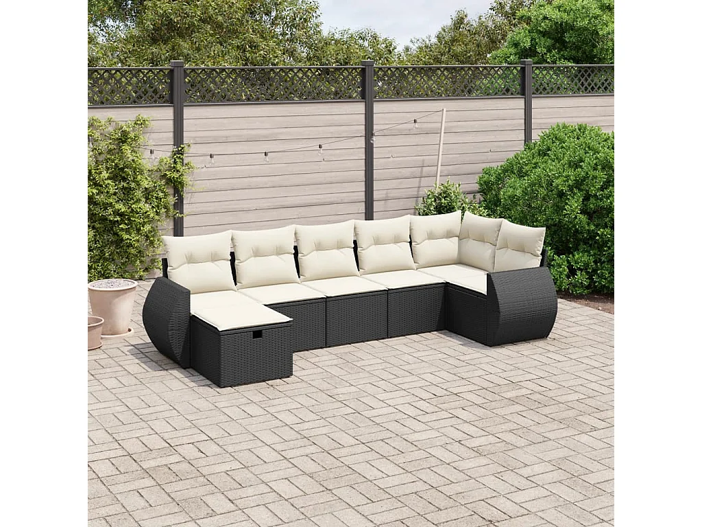 Set de comedor de jardín 7 piezas y cojines ratán sintético negro