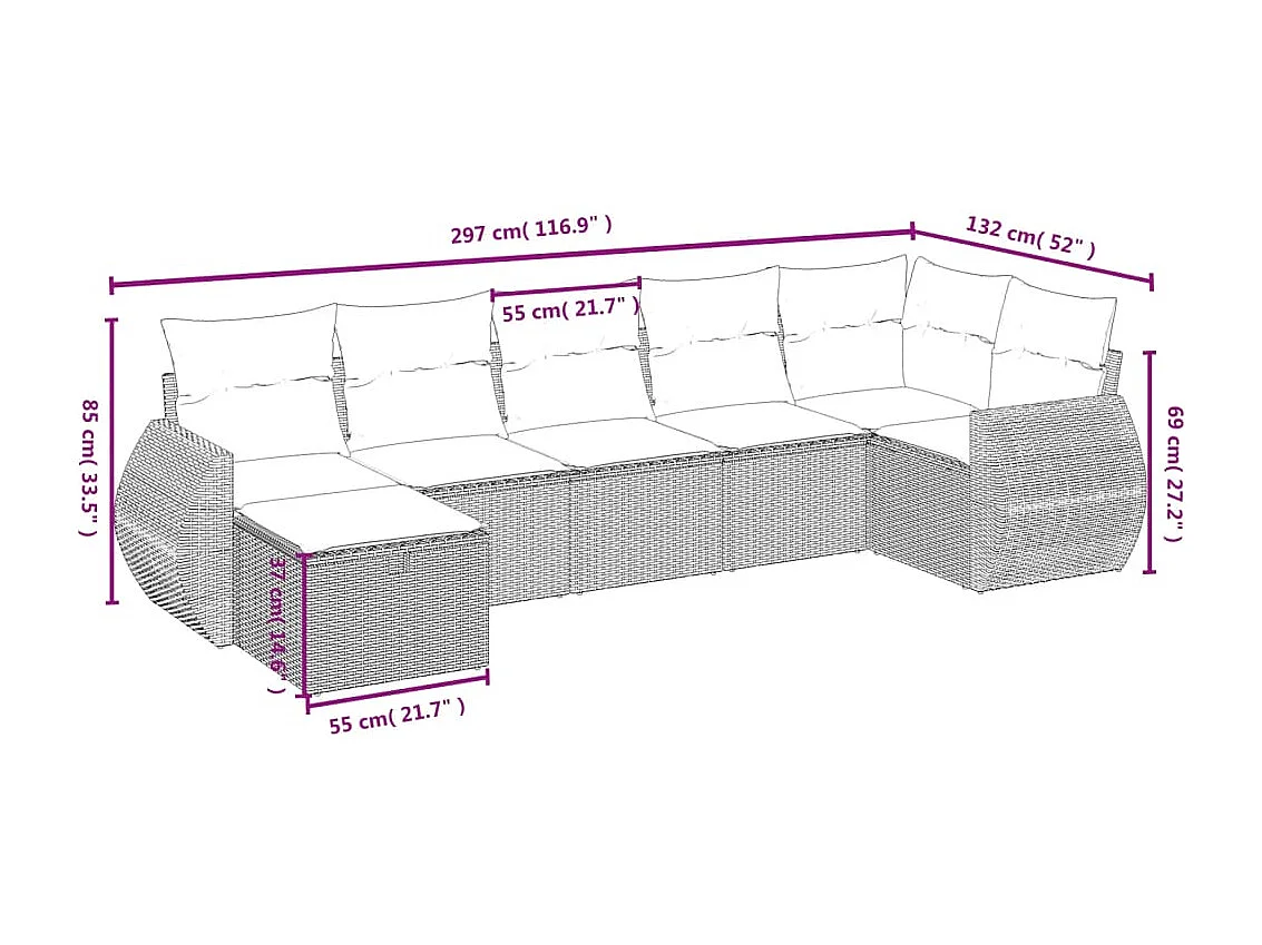 Set de comedor de jardín 7 piezas y cojines ratán sintético negro