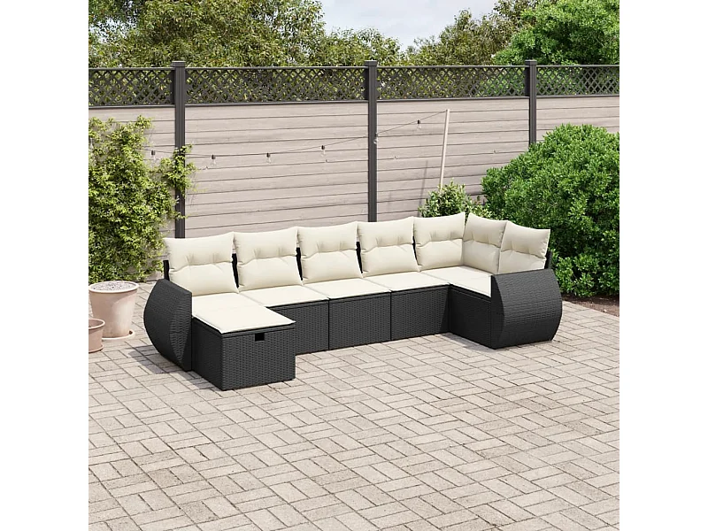 Salon de jardin 7 pièces avec coussins noir résine tressée