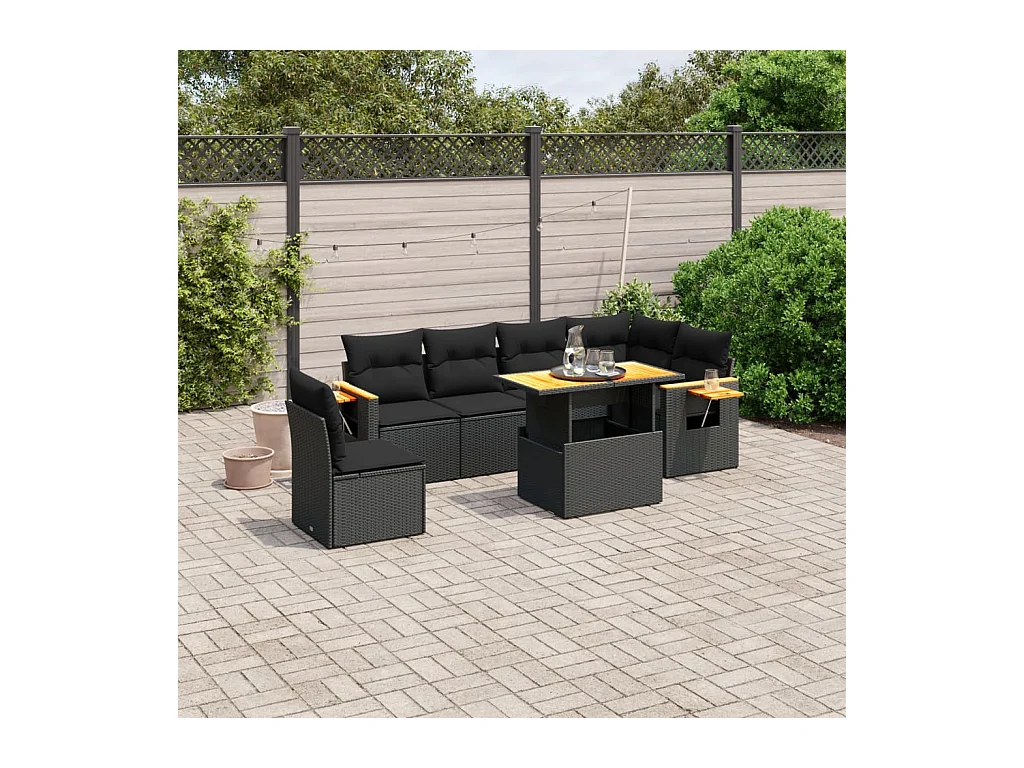 Salon de jardin 7 pièces avec coussins noir résine tressée