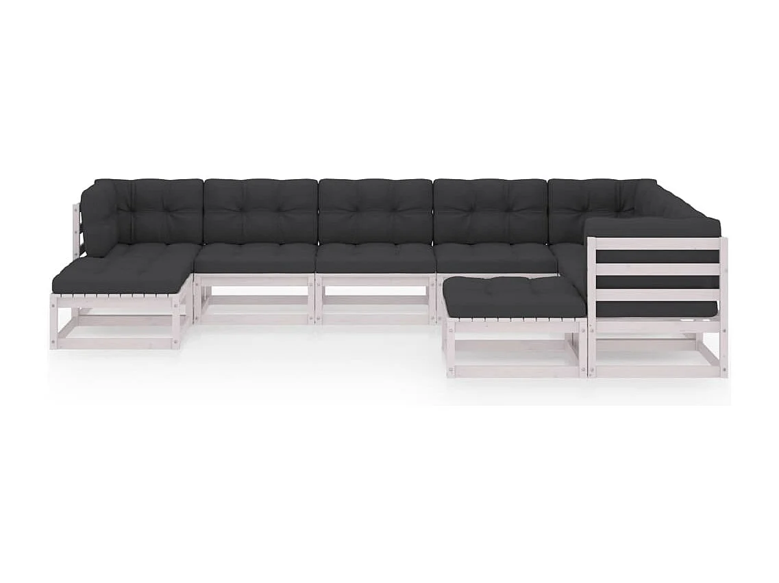 Salon de jardin 9 pièces avec coussins Blanc Bois de pin massif