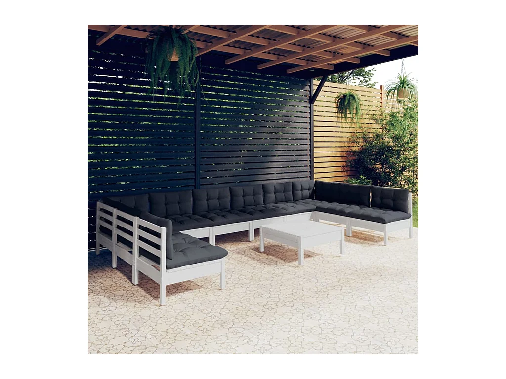 Salon de jardin 11 pièces avec coussins blanc bois de pin solide
