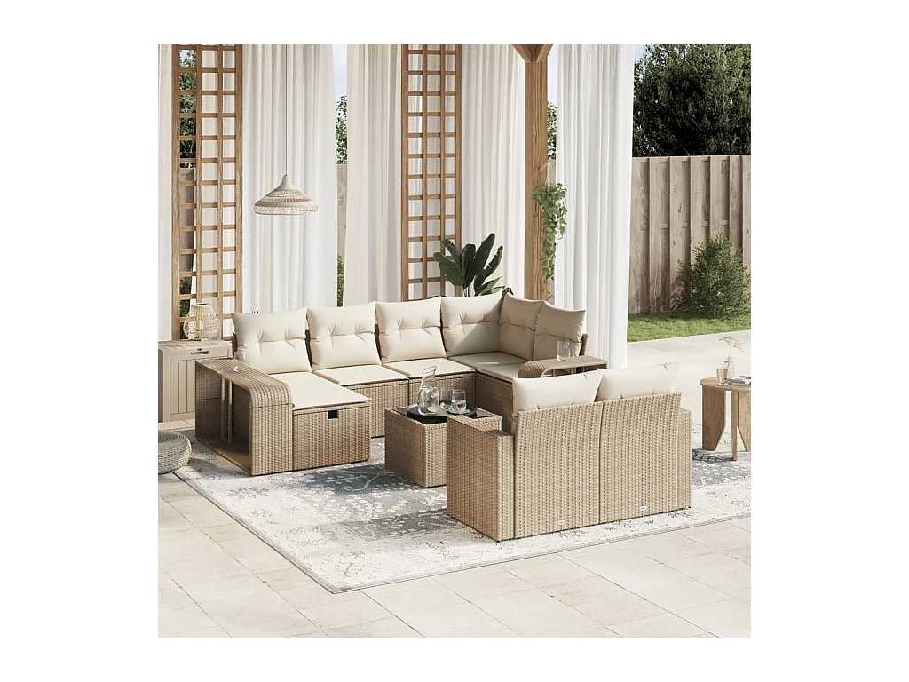 Salon de jardin 11 pièces avec coussins beige résine tressée