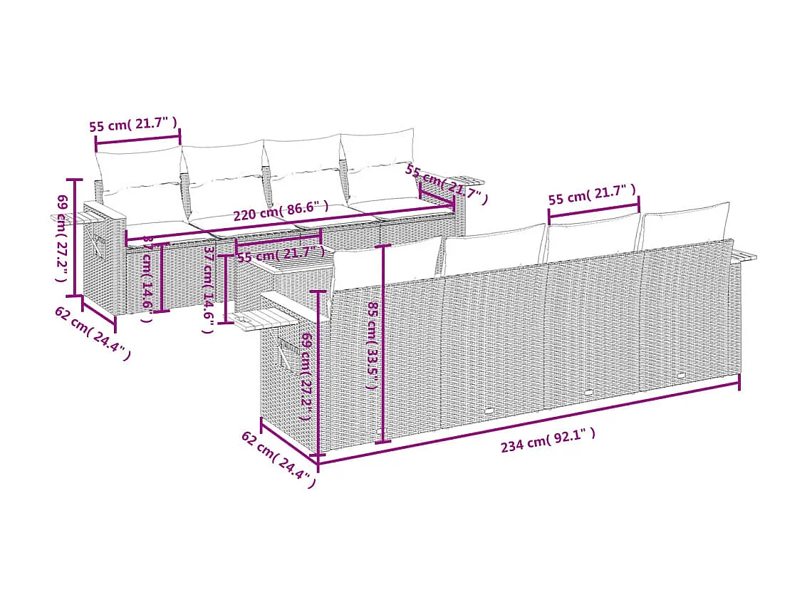 Set de muebles de jardín 9 piezas y cojines ratán sintético gris