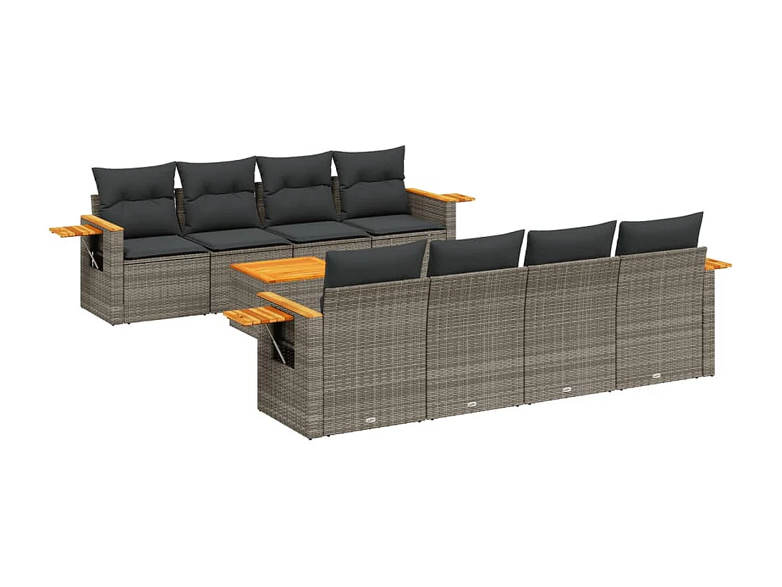 9-delige Loungeset met kussens poly rattan grijs