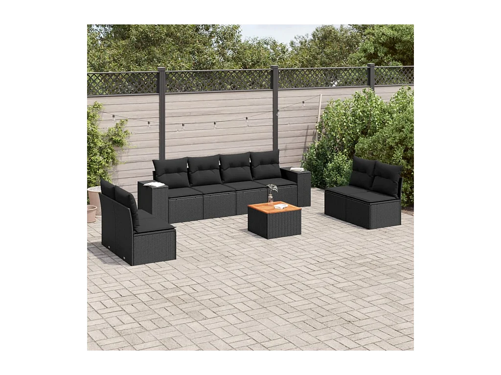 Salon de jardin 9 pièces avec coussins noir résine tressée