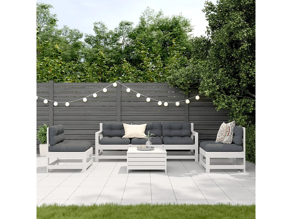 6-delige Loungeset met kussens massief grenenhout wit