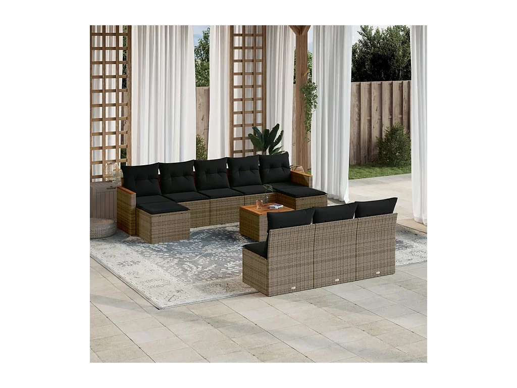 Salon de jardin 11 pièces avec coussins gris résine tressée