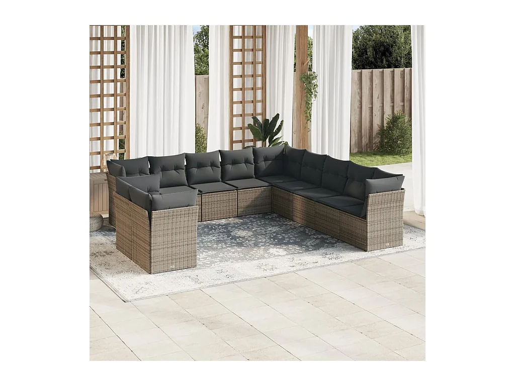 Salon de jardin 11 pièces avec coussins gris résine tressée