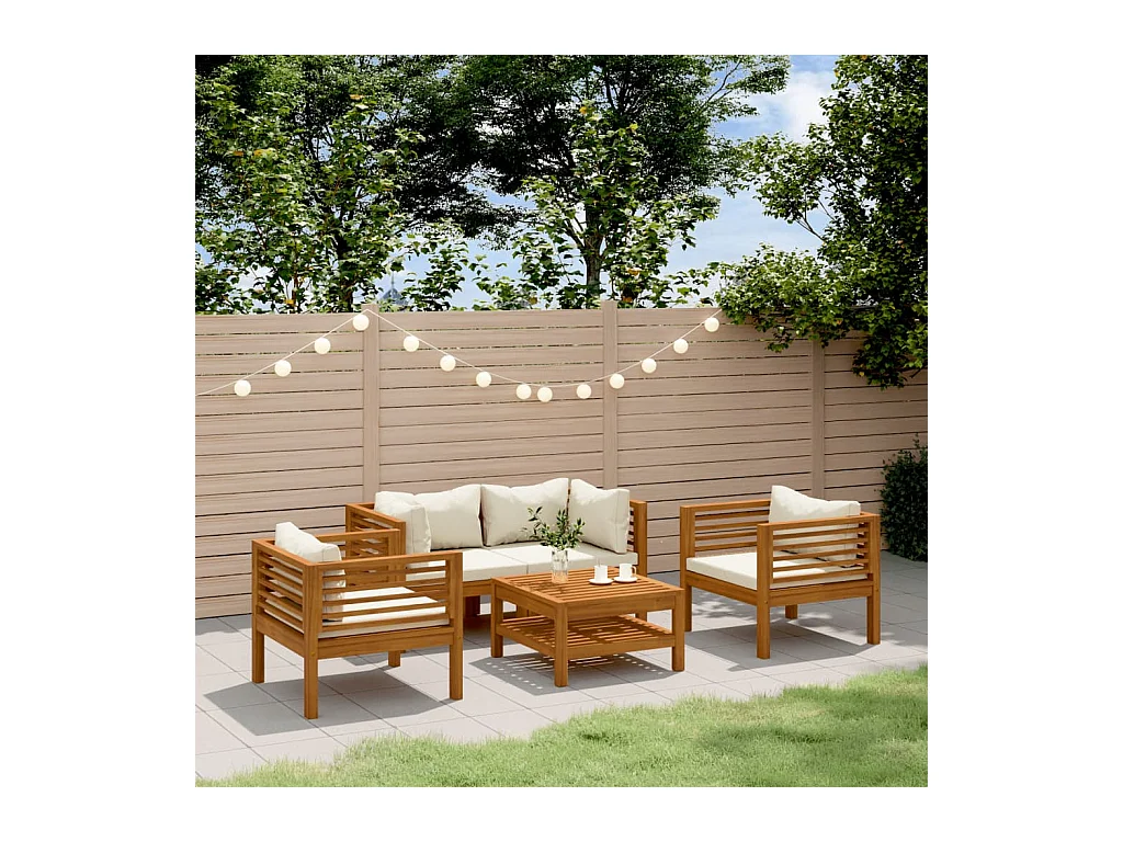 Salon de jardin 5 pièces avec coussin crème Bois d'acacia solide