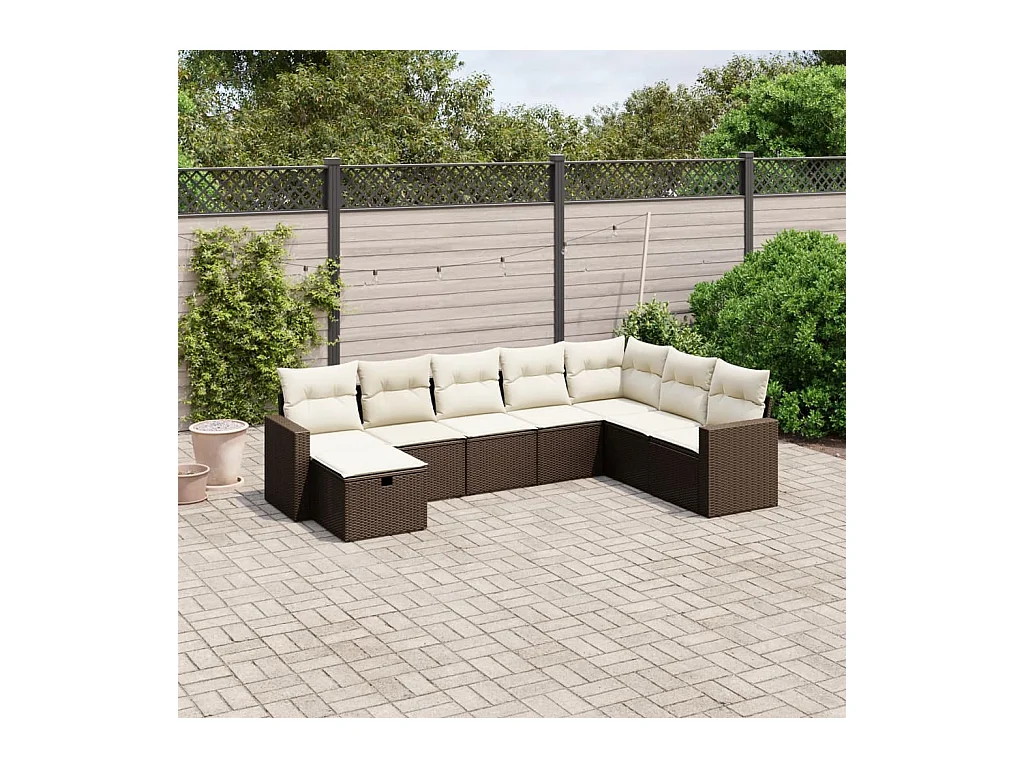 8 peças conjunto sofás de jardim c/ almofadões vime PE castanho