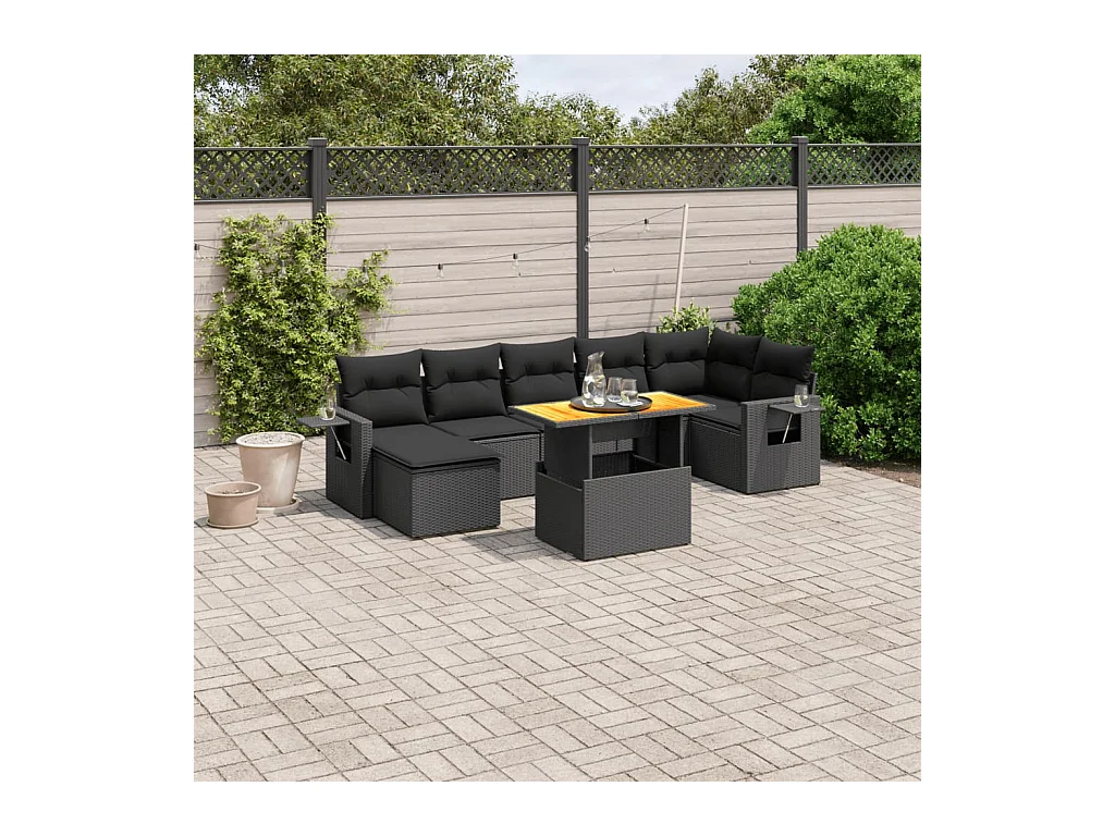 Salon de jardin 8 pièces avec coussins noir résine tressée