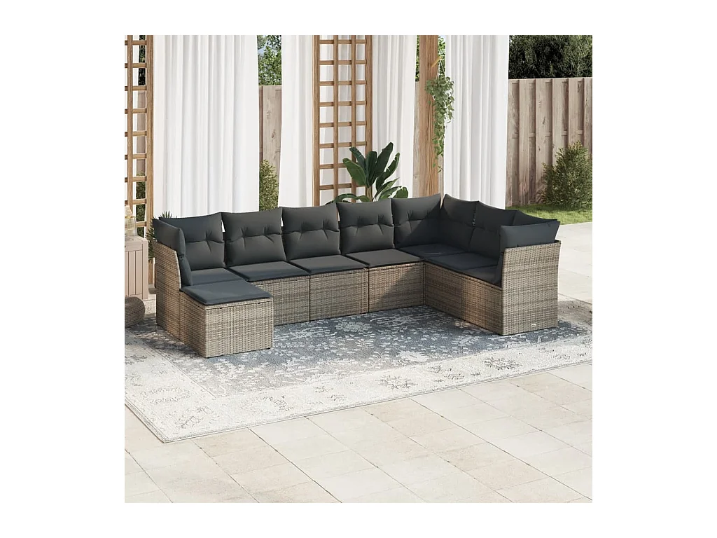 Salon de jardin 8 pièces avec coussins gris résine tressée