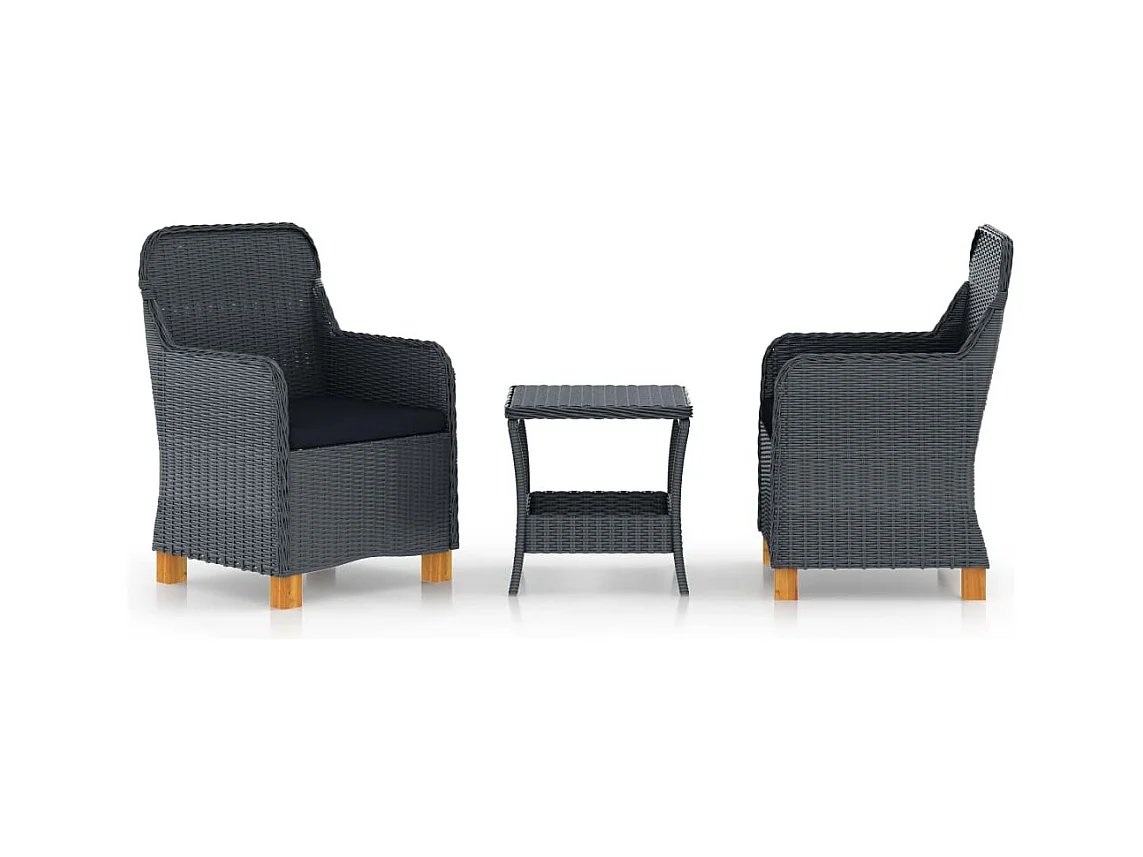 3 peças conj. lounge jardim c/ almofadões vime PE cinzento-escuro