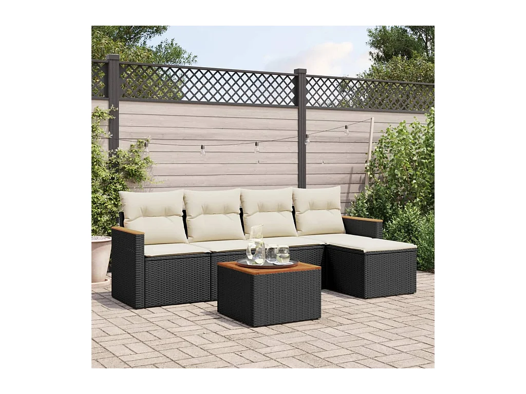 Salon de jardin 6 pièces avec coussins noir résine tressée