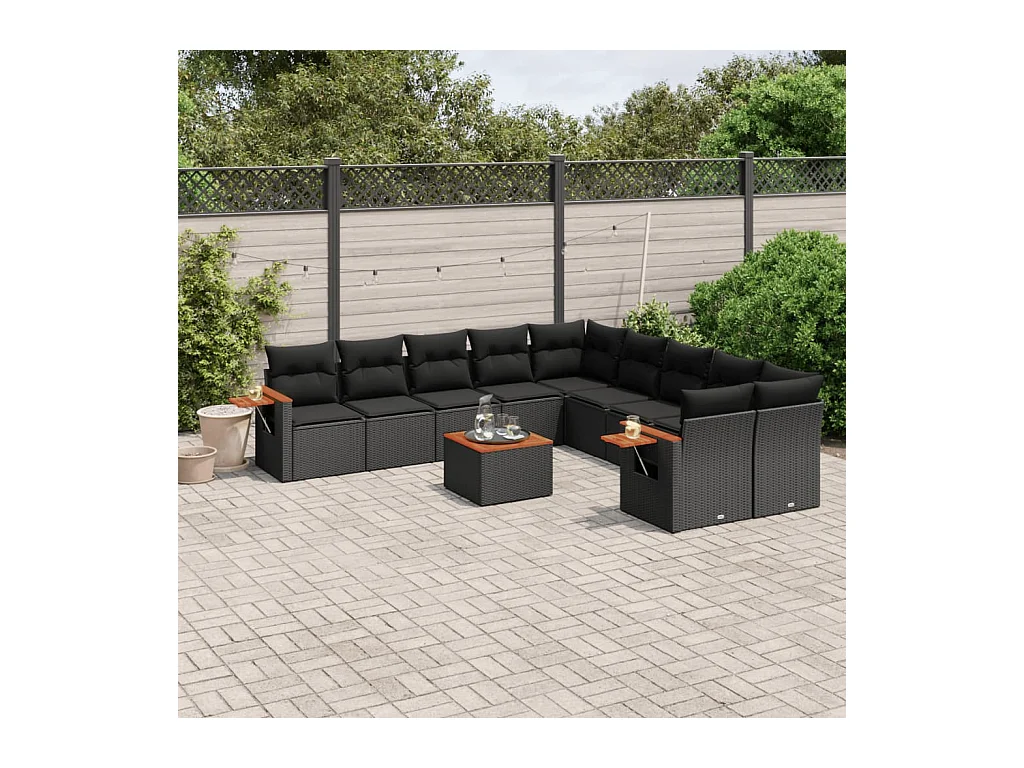 11 peças conjunto sofás de jardim c/ almofadões vime PE preto