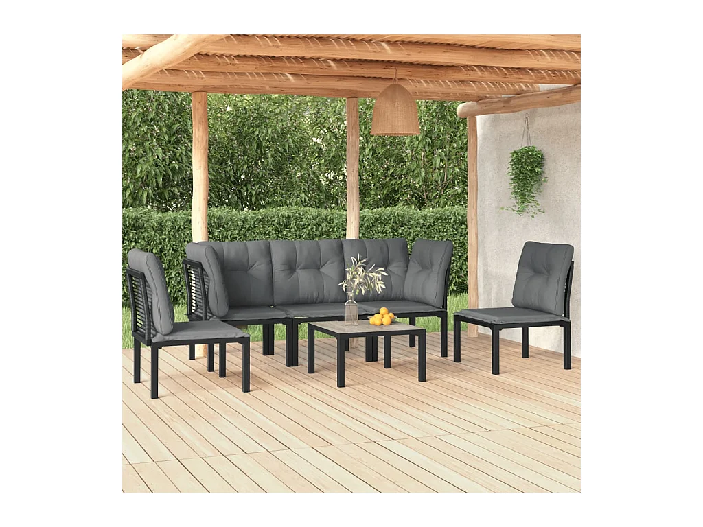 6 peças conjunto lounge de jardim vime PE preto e cinzento