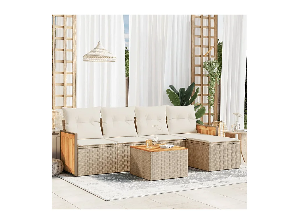 6-delige Loungeset met kussens poly rattan beige