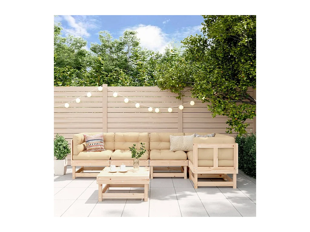 Salon de jardin 6 pièces avec coussins bois massif