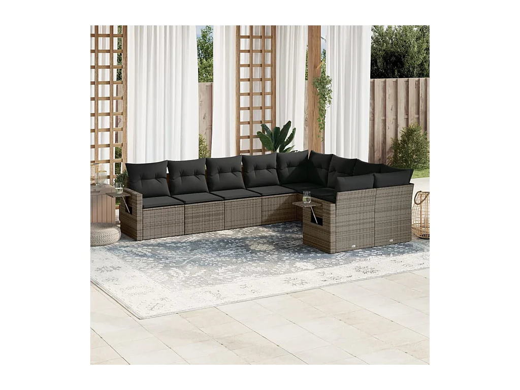 Salon de jardin 9 pièces avec coussins gris résine tressée