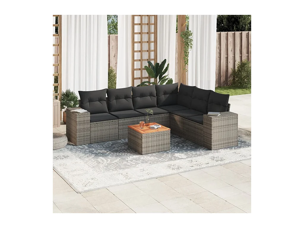 7-delige Loungeset met kussens poly rattan grijs