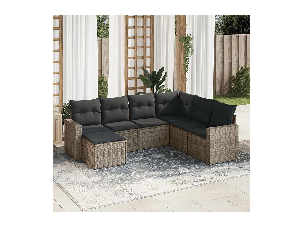 Salon de jardin avec coussins 7 pièces gris résine tressée