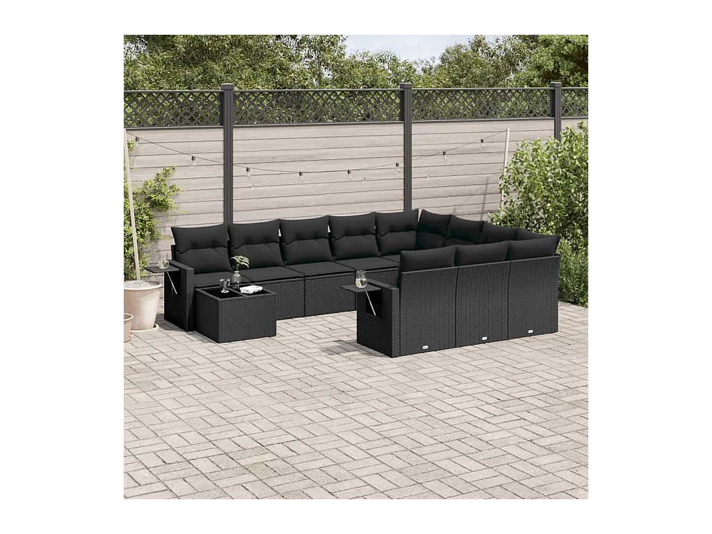 Salon de jardin 11 pièces avec coussins noir résine tressée