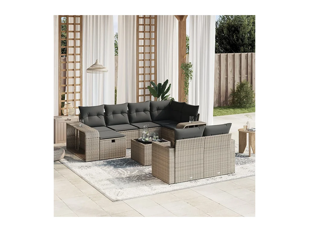 Salon de jardin 11 pièces avec coussins gris résine tressée