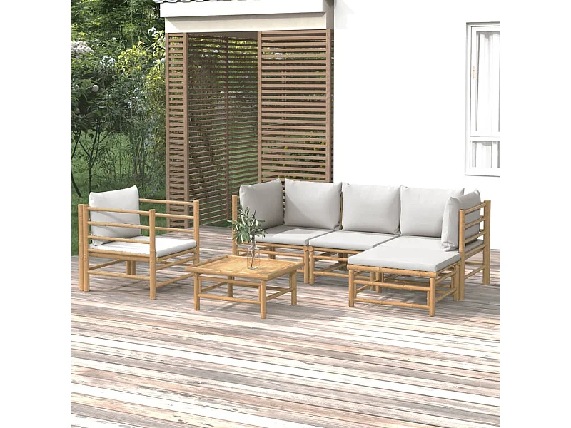 Salon de jardin 6 pièces avec coussins gris clair bambou