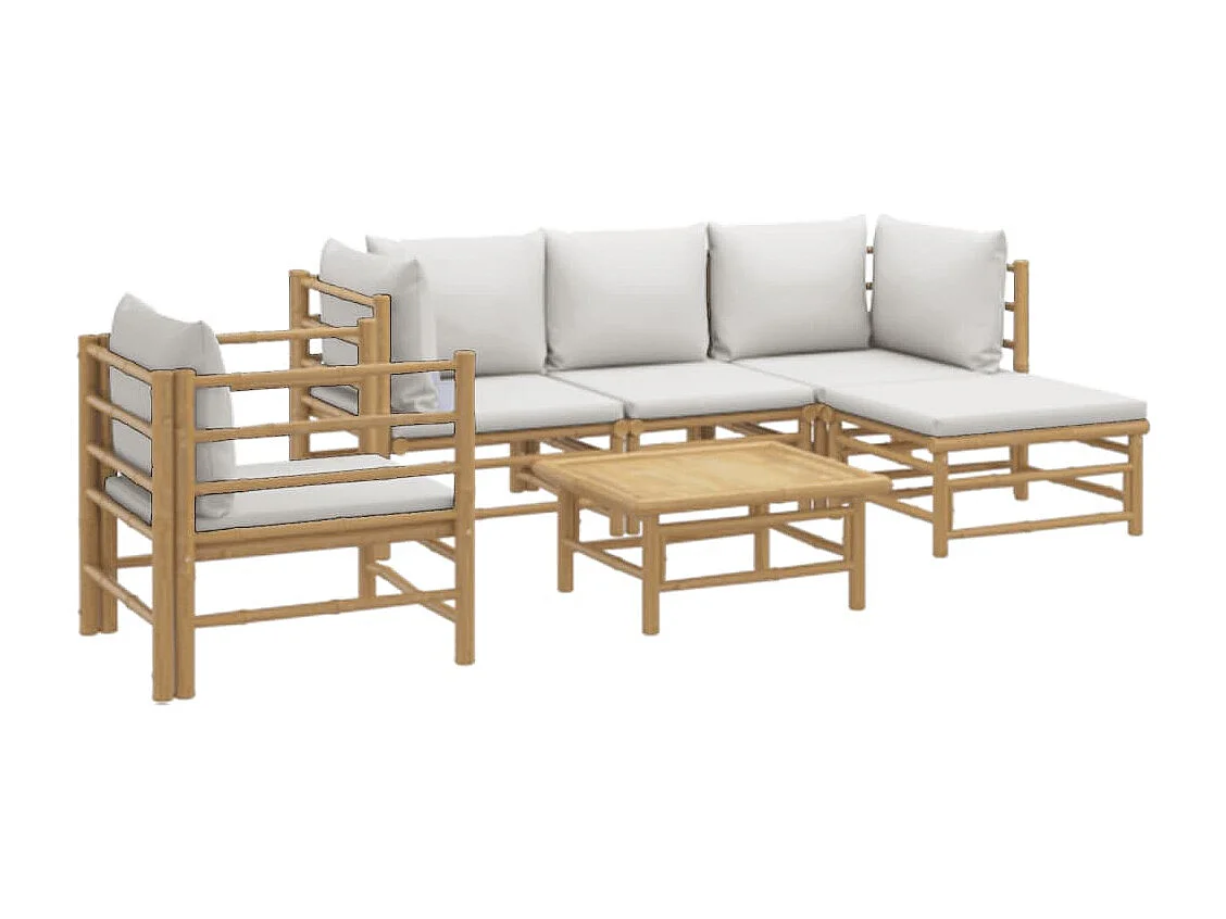 Salon de jardin 6 pièces avec coussins gris clair bambou