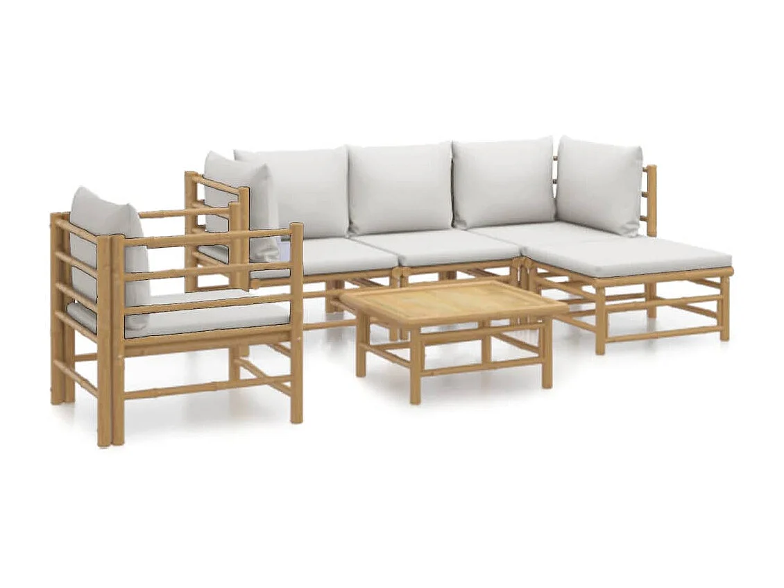 Salon de jardin 6 pièces avec coussins gris clair bambou