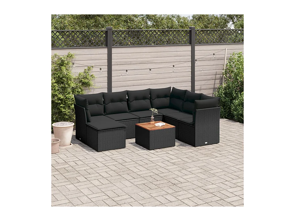 8 peças conjunto sofás de jardim com almofadões vime PE preto