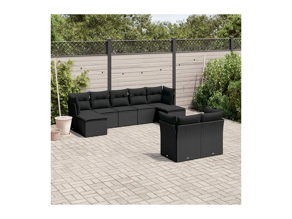 Salon de jardin 9 pièces avec coussins noir résine tressée