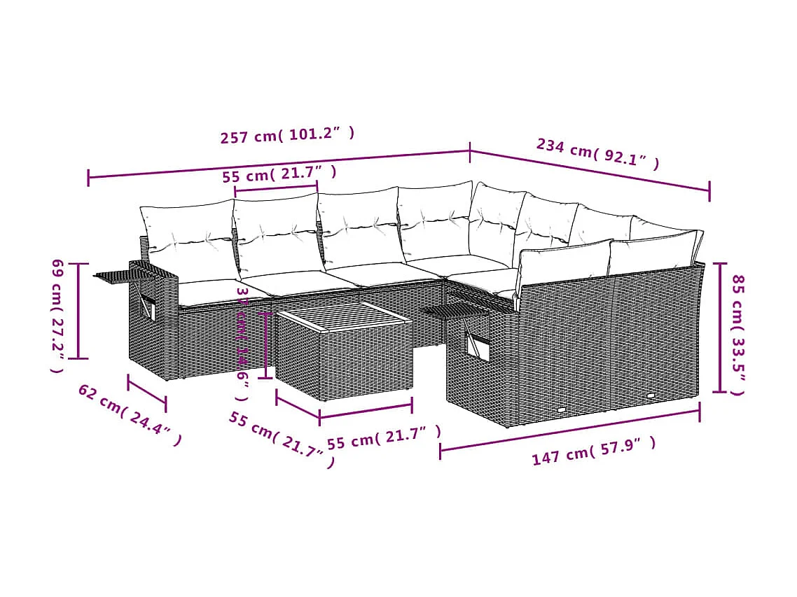 Set de sofás de jardín 9 piezas con cojines ratán sintético beige