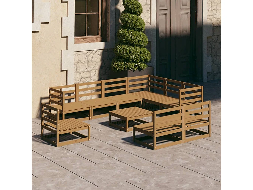 Salon de jardin 10 pièces marron miel bois de pin massif