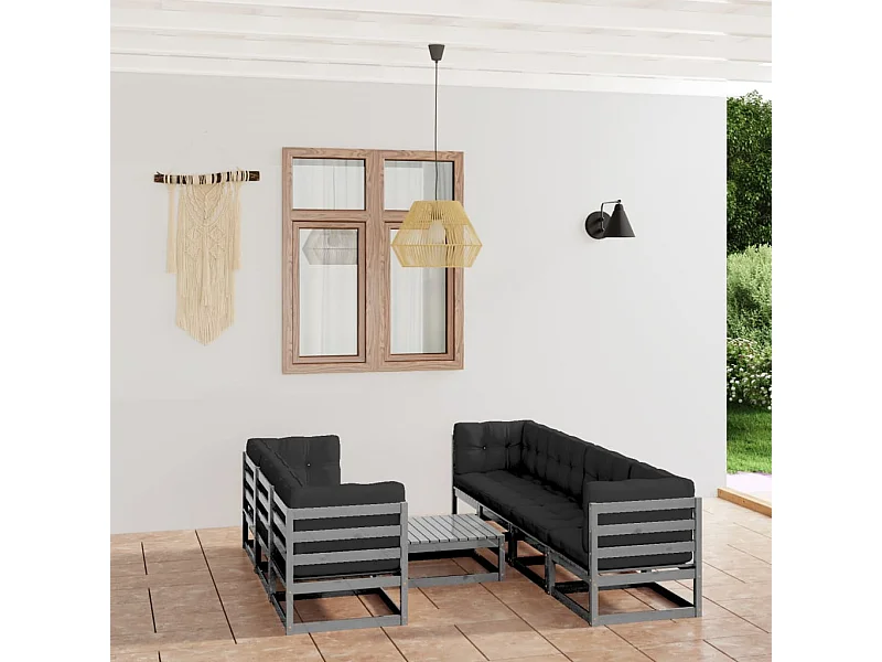Juego de muebles de jardín 8 piezas y cojines madera pino maciza