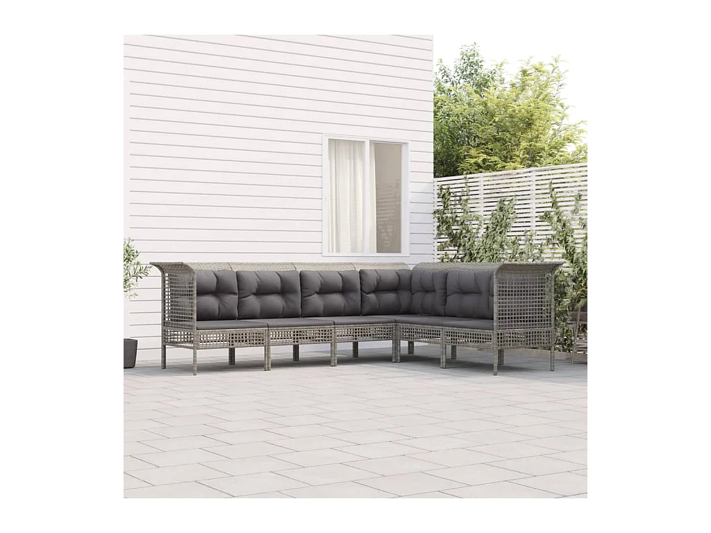 6 peças conjunto lounge de jardim c/ almofadões vime PE cinzento