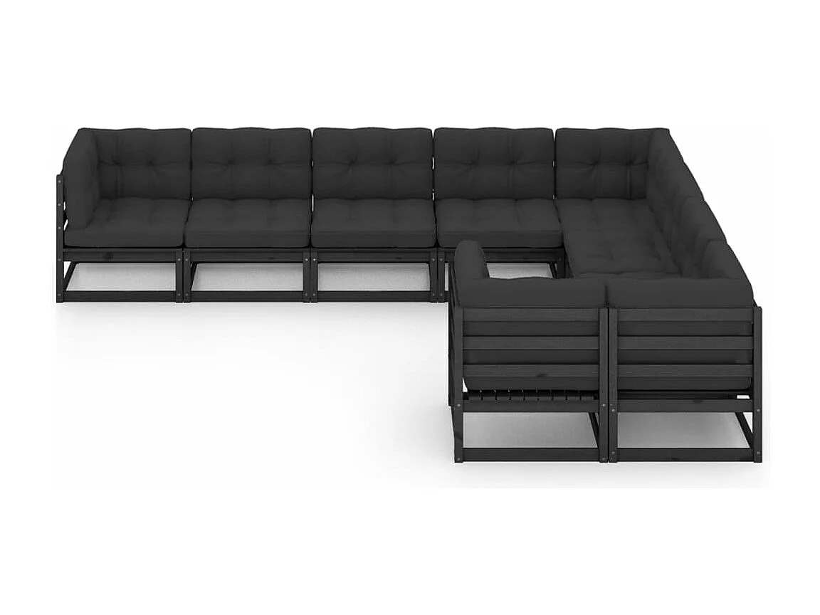Salon de jardin 9 pièces avec coussins noir bois de pin massif