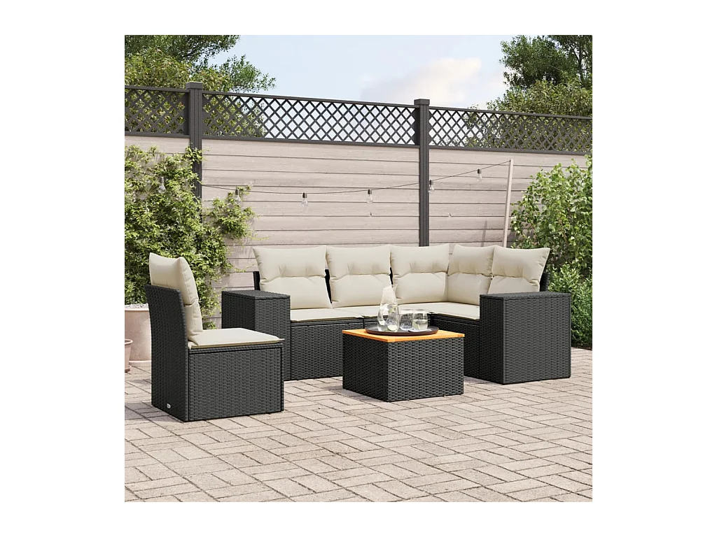 6-delige Loungeset met kussens poly rattan zwart
