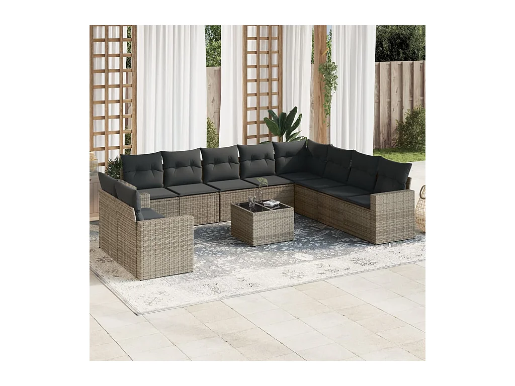 11-delige Loungeset met kussens poly rattan grijs